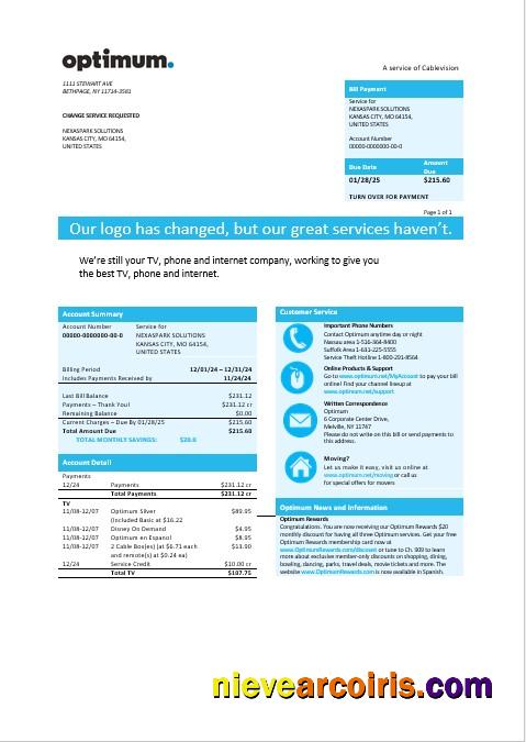 USA New York Optimum cablevision business utility bill